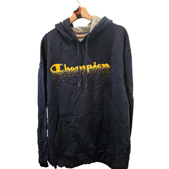 Navy Champion Hoodie Center Logo Pixilated in Navy & Yellow EUC Size 2XL - Picture 4 of 4
